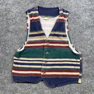 Vintage Vivaldi Jeanswear Mens Striped Denim Vest Navy Green Burgundy USA Medium